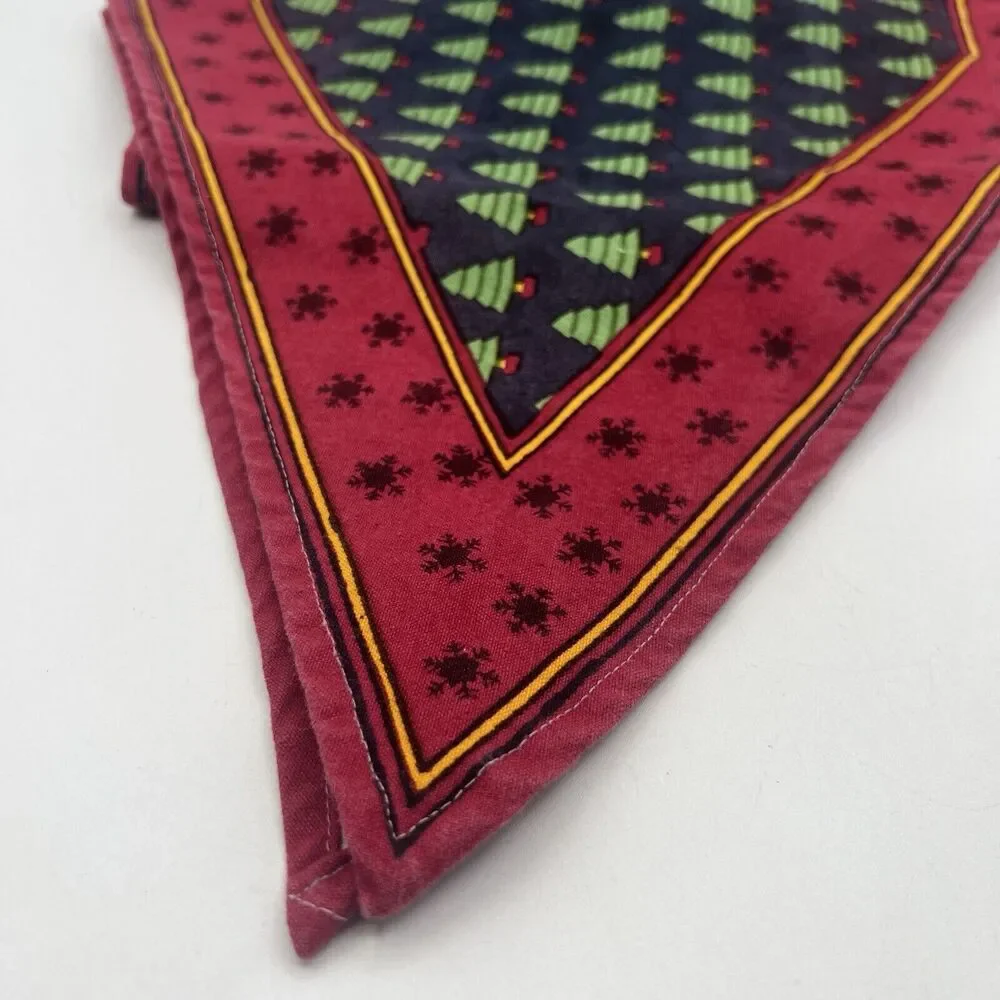 Vtg Christmas Tree Snowflake Table Runner Burgundy Navy Green 13x26 1990s Prop